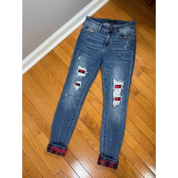 Judy Blue Red Buffalo Plaid Patch Distressed Skinny Jeans 26 - Picture 4 of 8